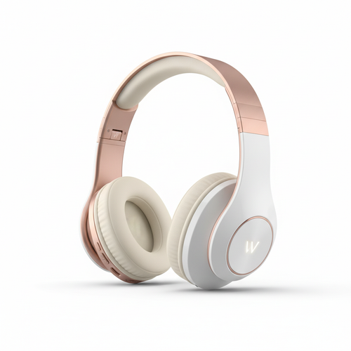 Stylish women's wireless headset in rose gold and white